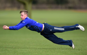 "RICKMANSWORTH, ENGLAND - FEBRUARY 28: George Greenway of England takes a diving catch during an England Deaf Cricket Training Camp at Merchant Taylors' School on February 28, 2016 in Rickmansworth, England. (Photo by Alex Broadway/Getty Images)"
