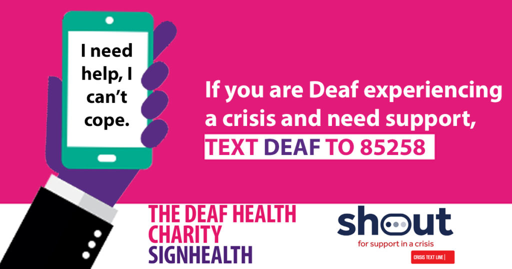 Sign Health graphic promoting crisis text service for deaf people